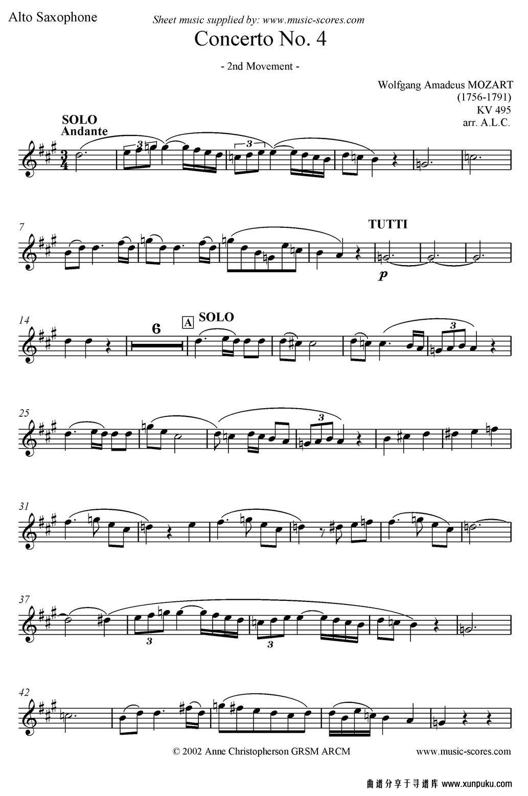 Mozart：Concerto KV495 No.4-2st萨克斯谱第1页
