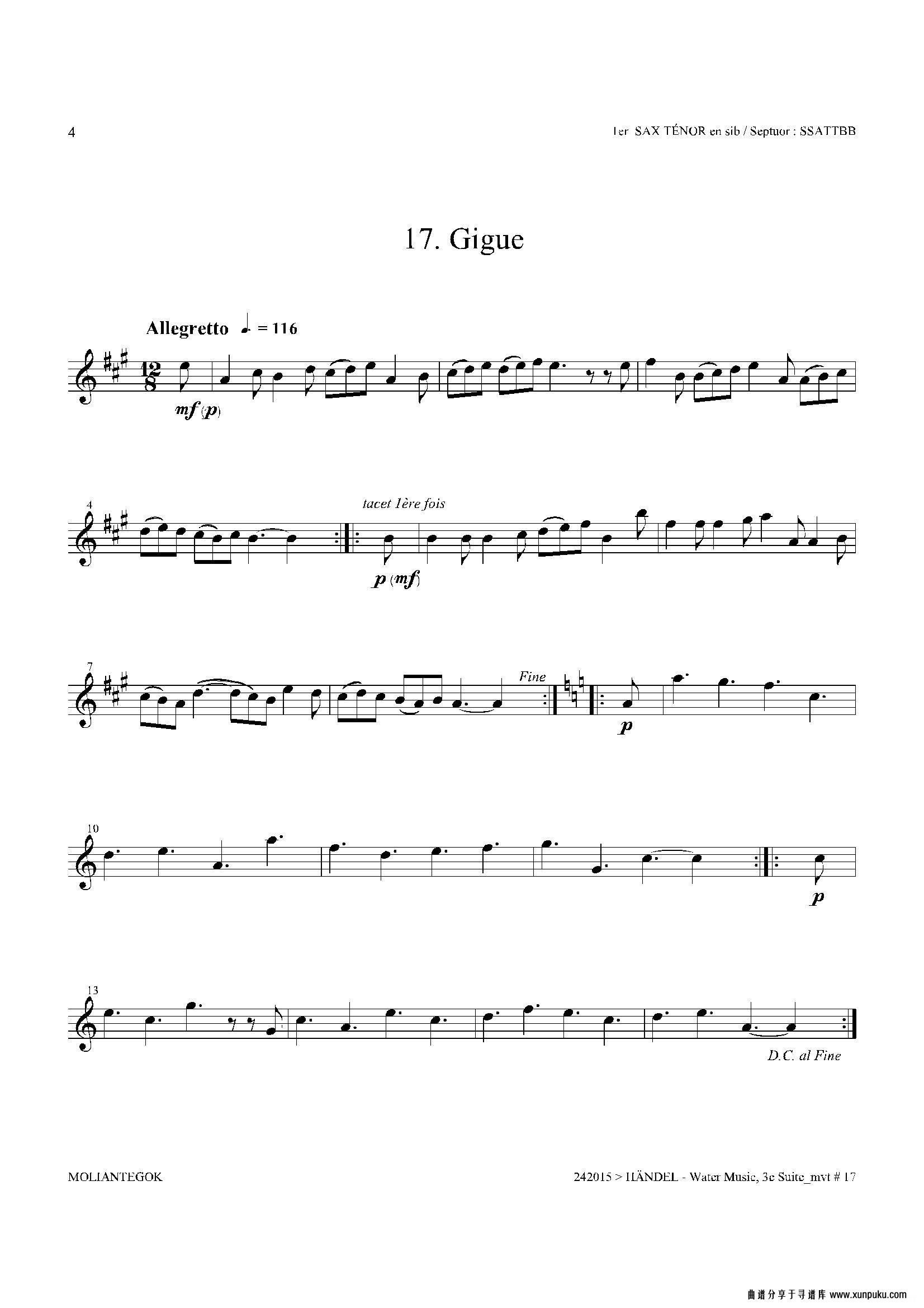 water music（hwv.350 no.3）（第一次中音萨克斯）萨克斯谱第4页