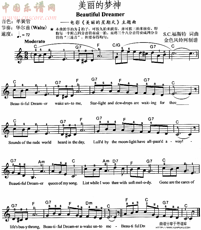 美丽的梦神 beautiful dreamer(《美丽的星期天》主题曲)电子琴谱