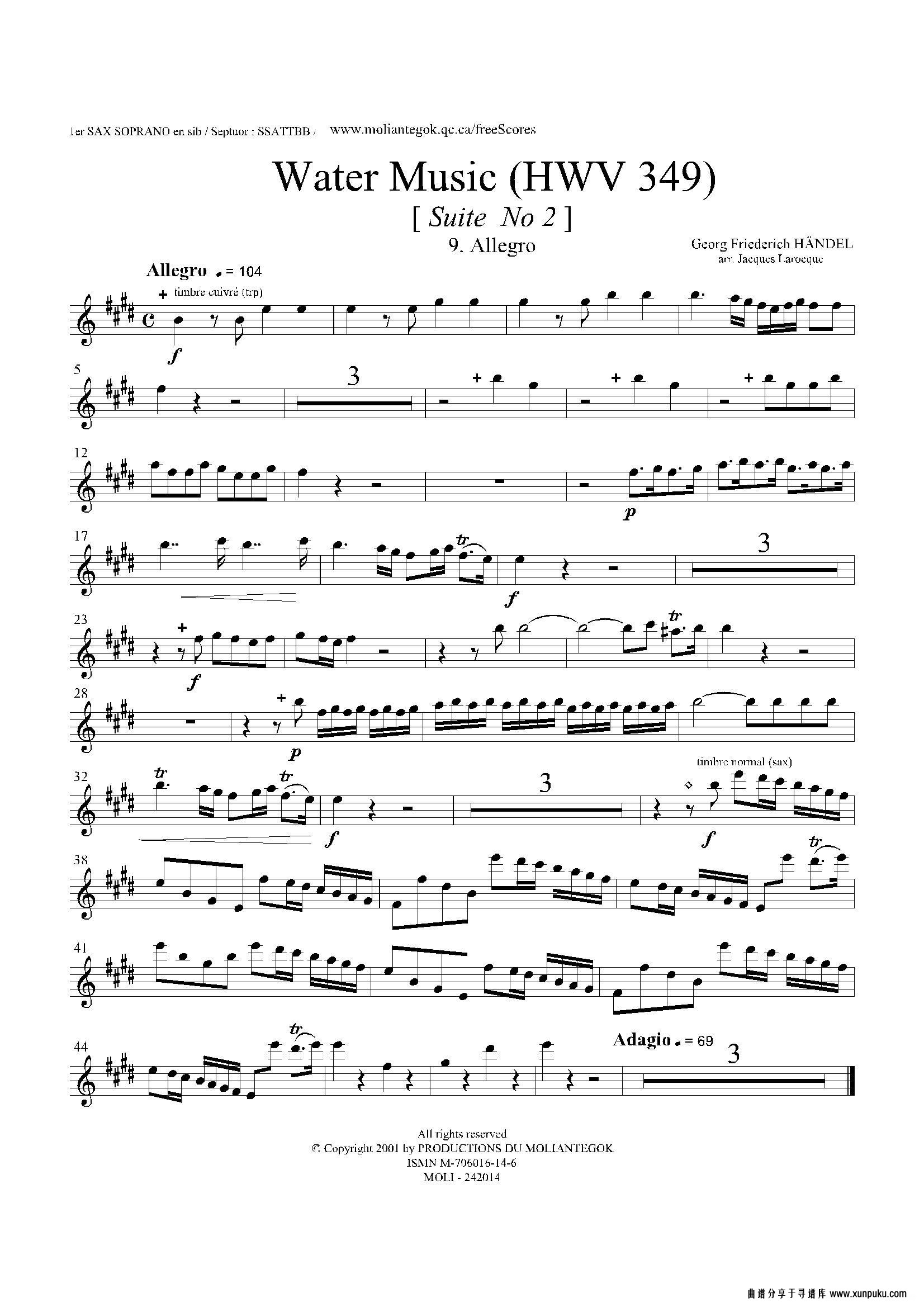 water music（hwv.349 no.2）（第一高音萨克斯）萨克斯谱第1页