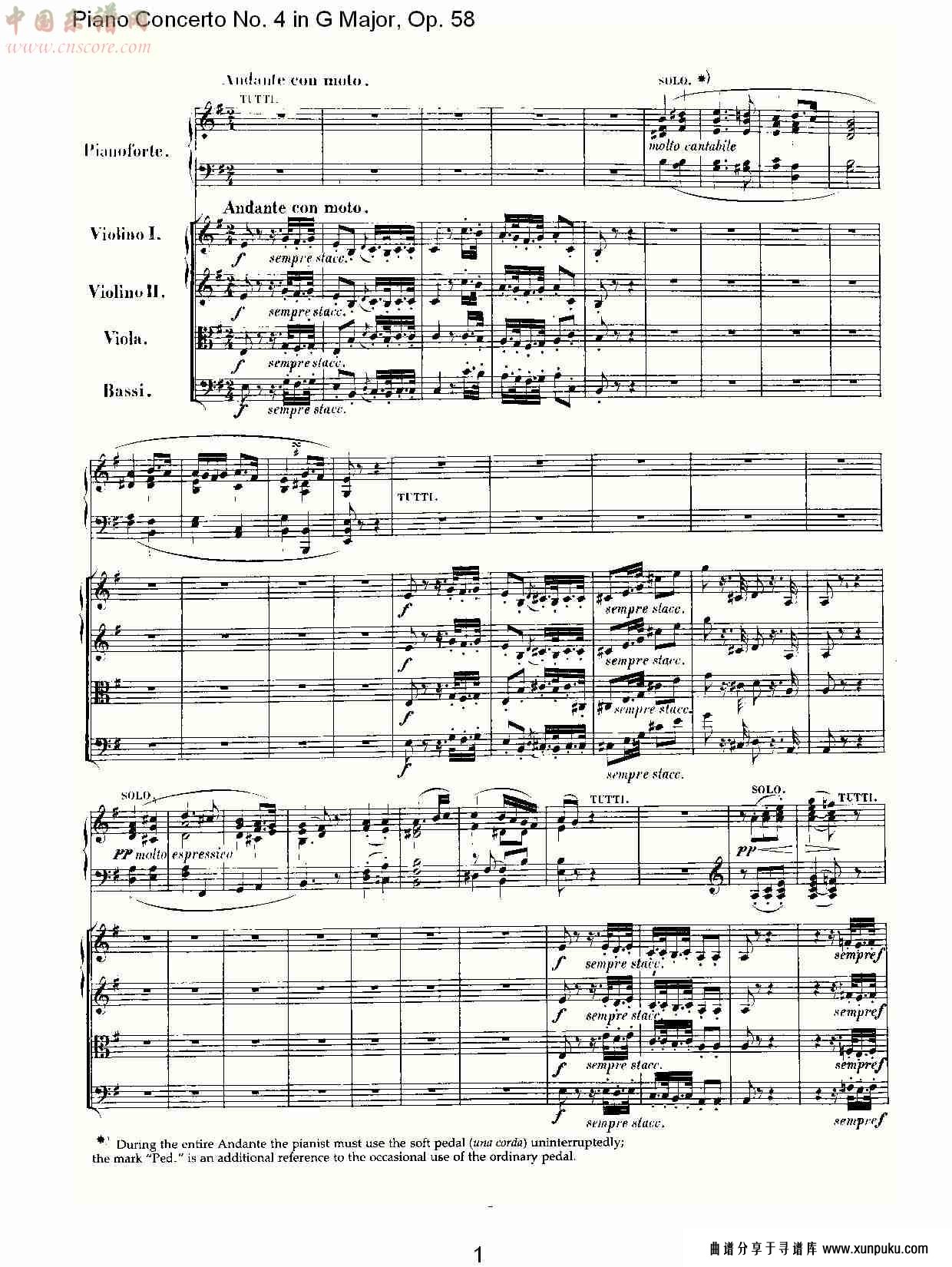 g大调钢琴第四协奏曲 op.58第二乐章总谱第1页