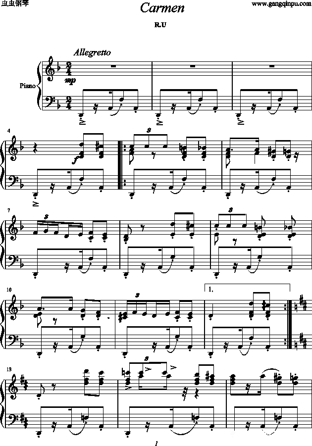 卡门（较完美版）钢琴谱(钢琴曲)钢琴谱第1页