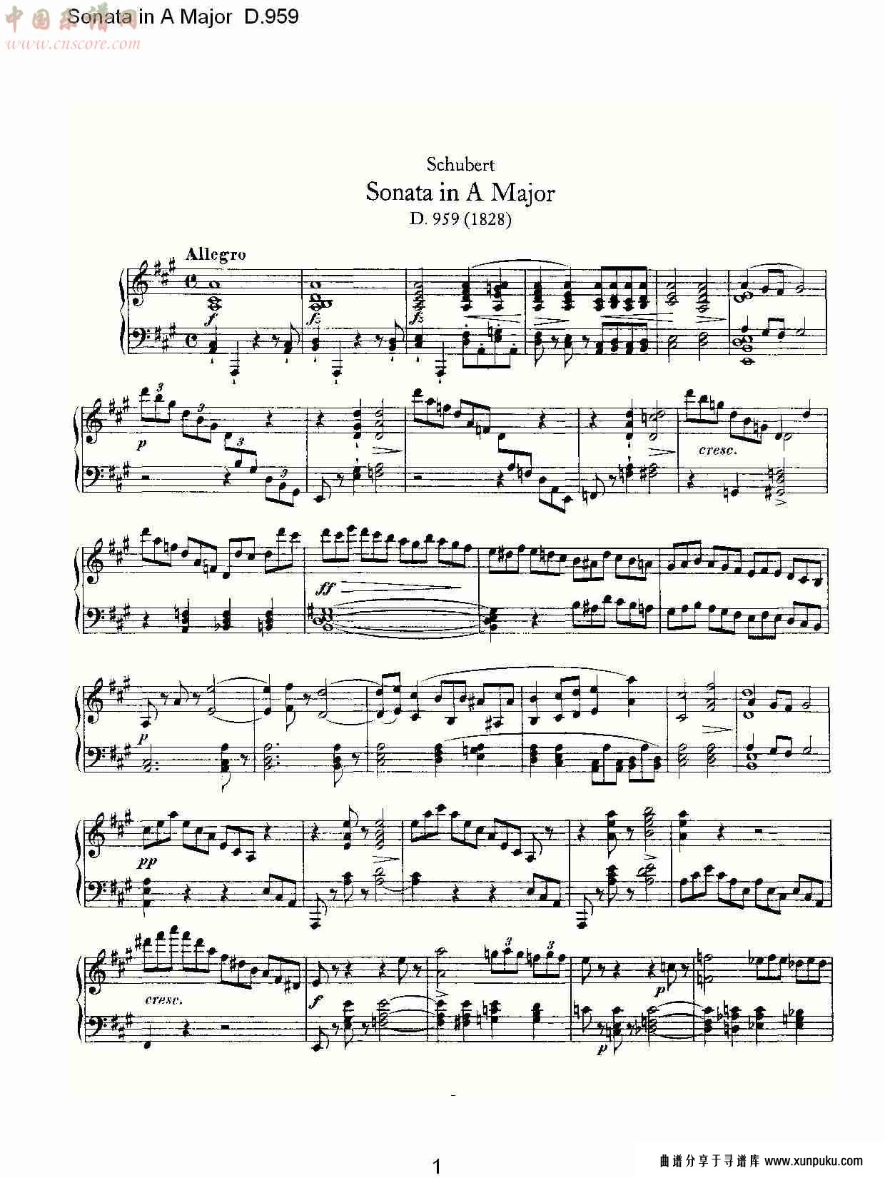 sonata in a major d.959  a大调奏鸣曲d.959（一）总谱第1页