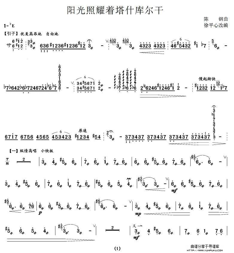 阳光照耀着塔什库尔干扬琴谱第1页