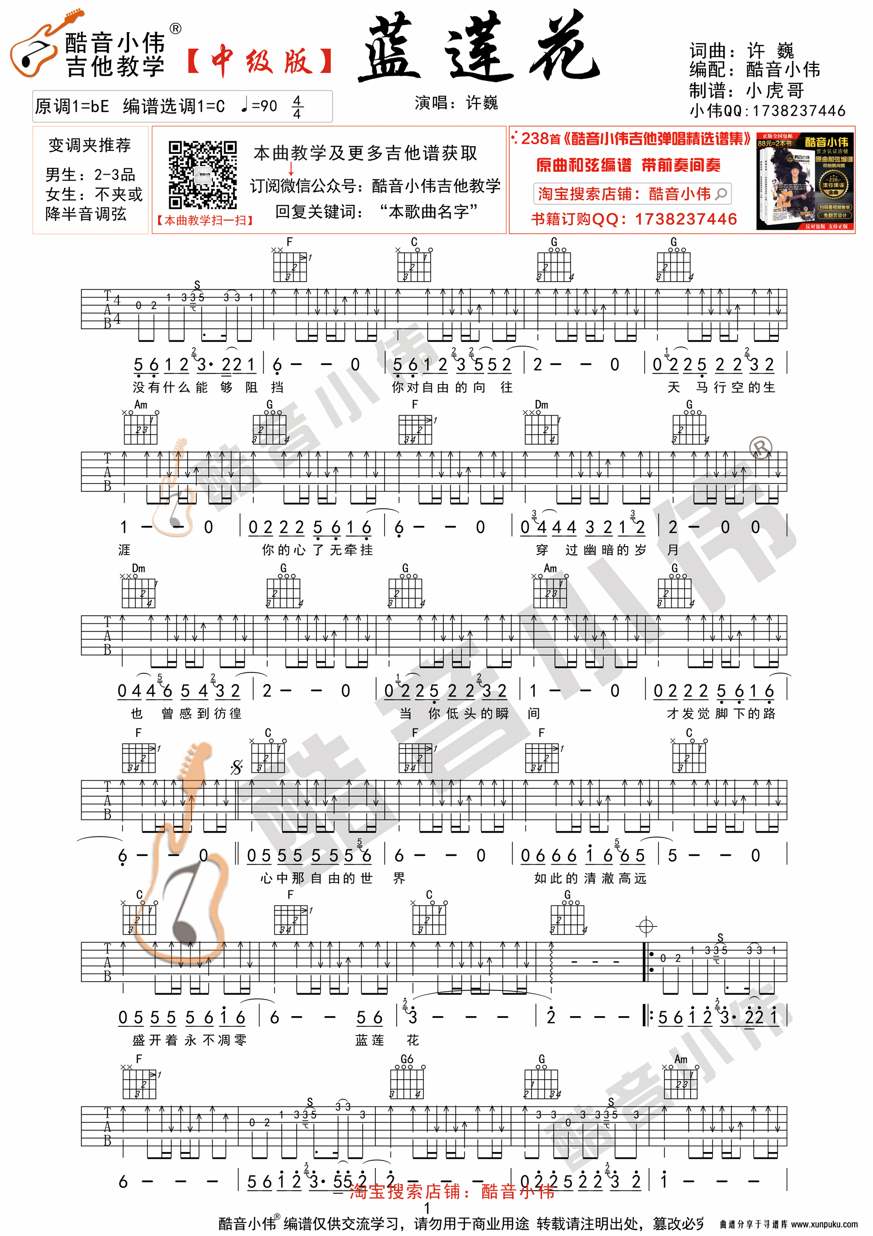 许巍《蓝莲花》吉他谱中级版 酷音小伟吉他弹唱教学吉他谱第1页