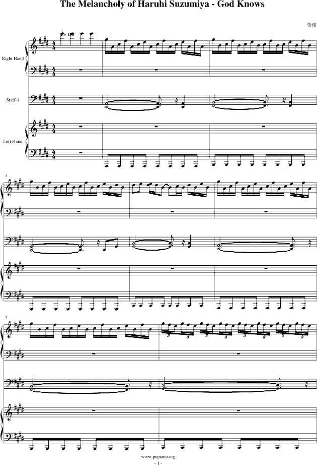 凉宫春日的忧郁插曲（四手车尔尼版）钢琴谱第1页