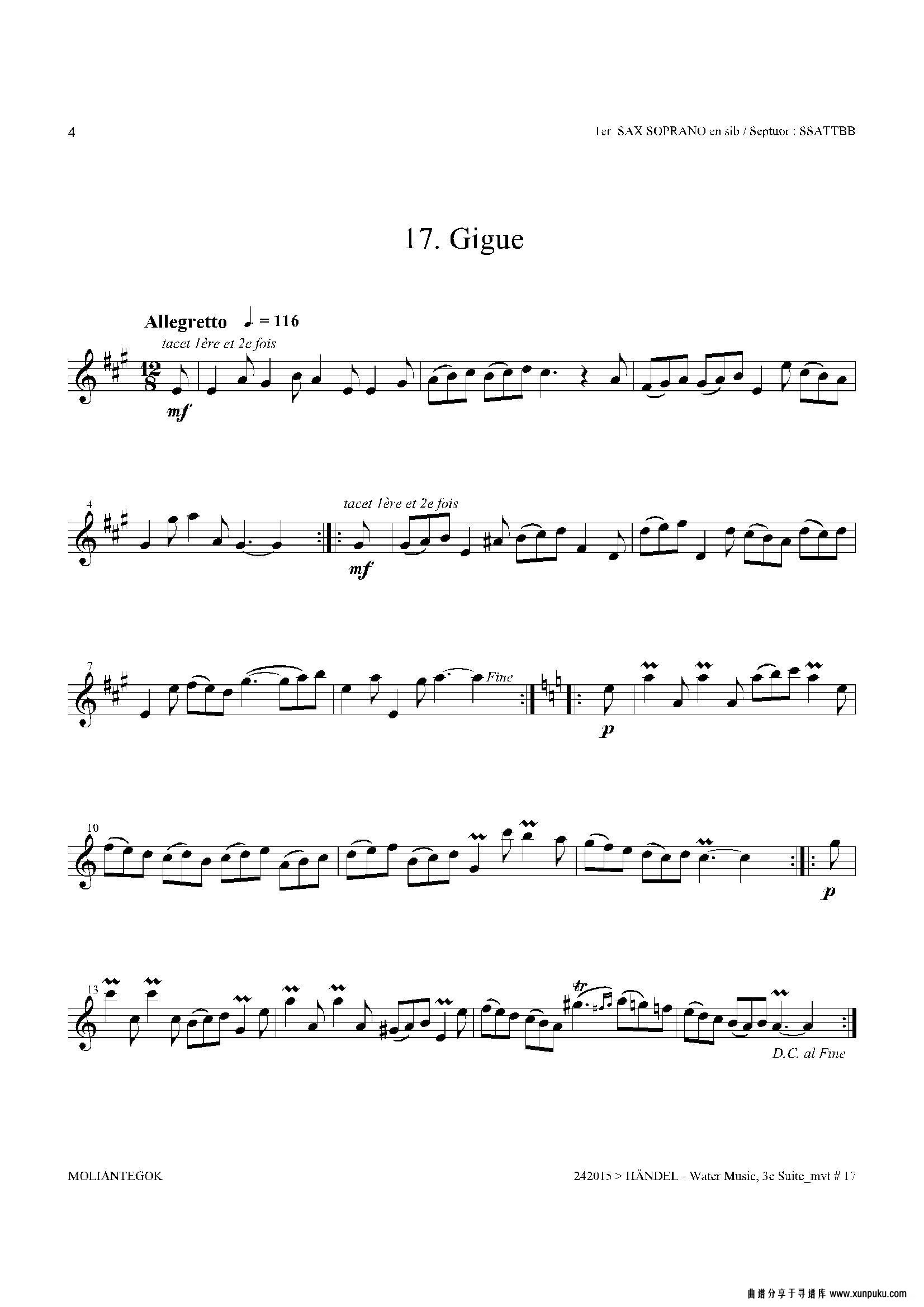 water music（hwv.350 no.3）（第一高音萨克斯）萨克斯谱第4页