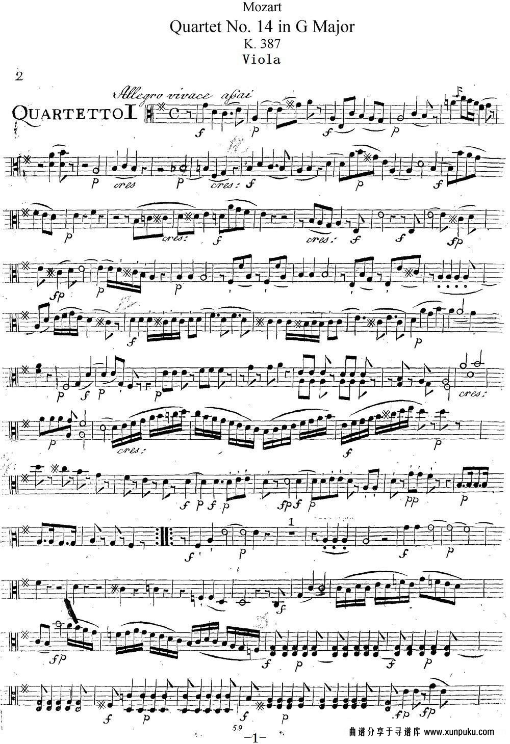 Mozart《Quartet No.14 in G Major,K.387》小提琴谱第1页