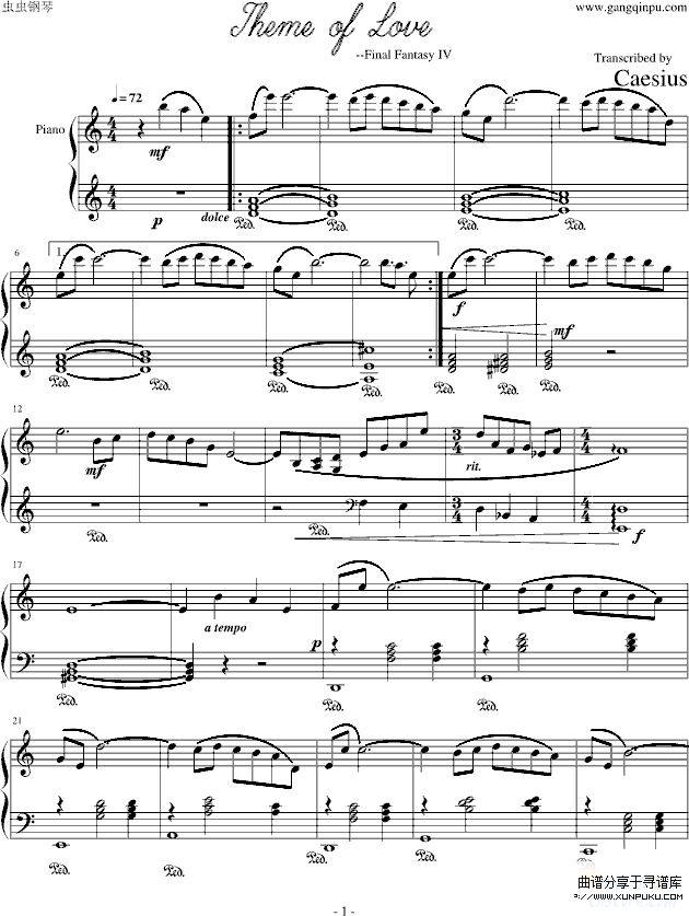 Theme of Love-FinalFandasyIV-最终幻想钢琴谱第1页