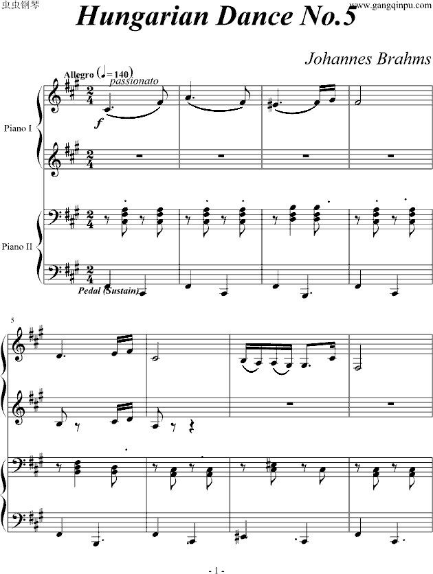 《匈牙利舞曲第5号》四手联弹钢琴谱(钢琴曲)钢琴谱第1页