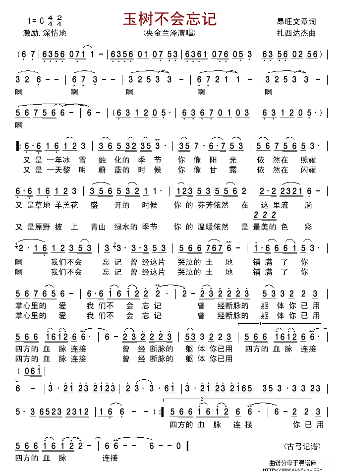 玉树不会忘记简谱