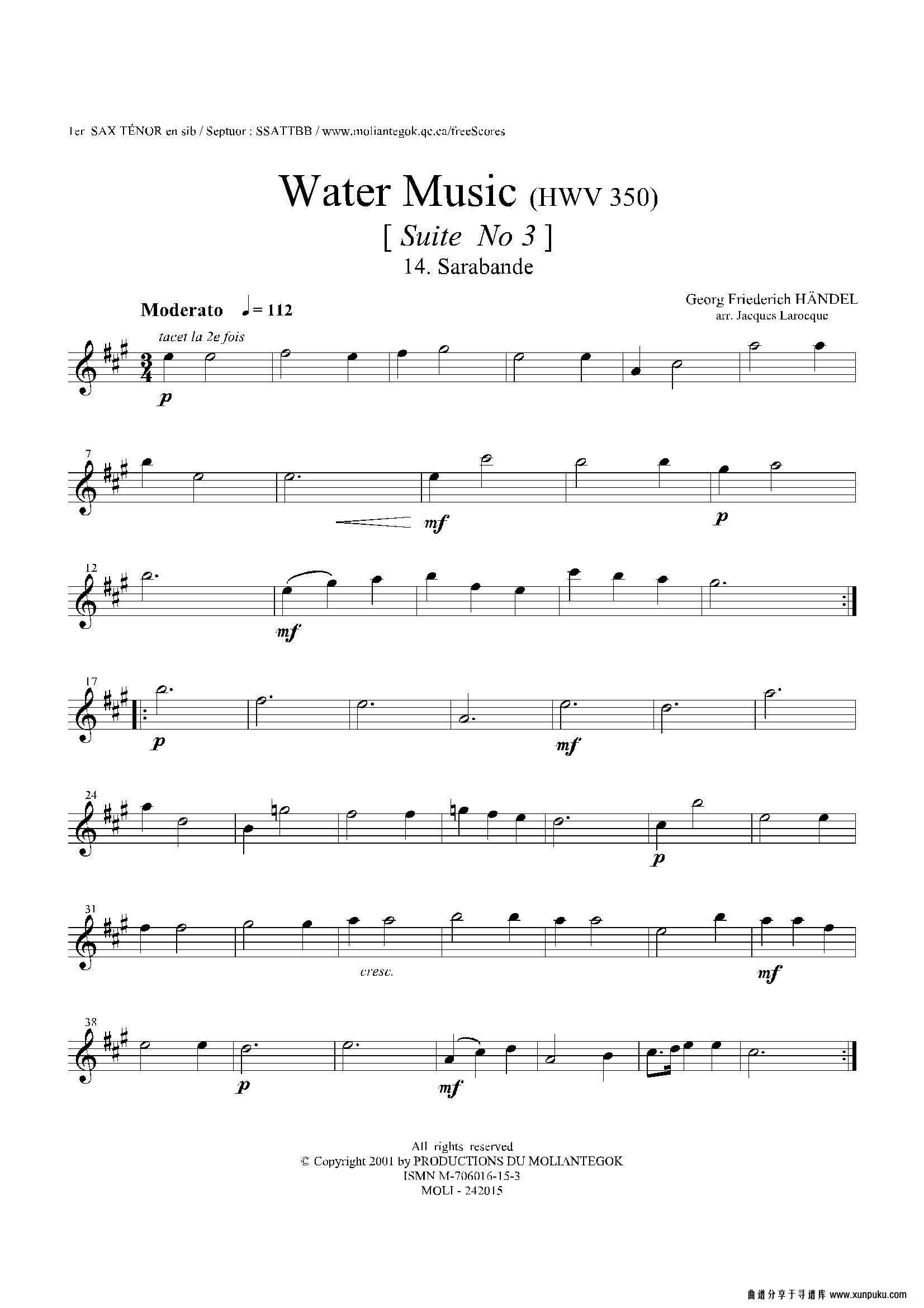 water music（hwv.350 no.3）（第一次中音萨克斯）萨克斯谱第1页