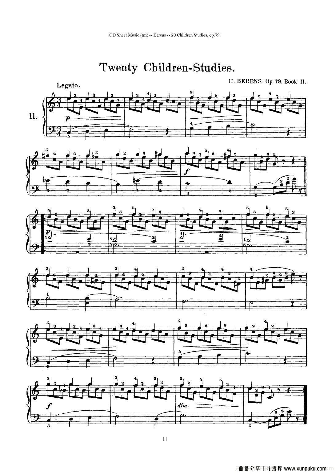 贝伦斯20首儿童钢琴练习曲（11—20）钢琴谱第1页