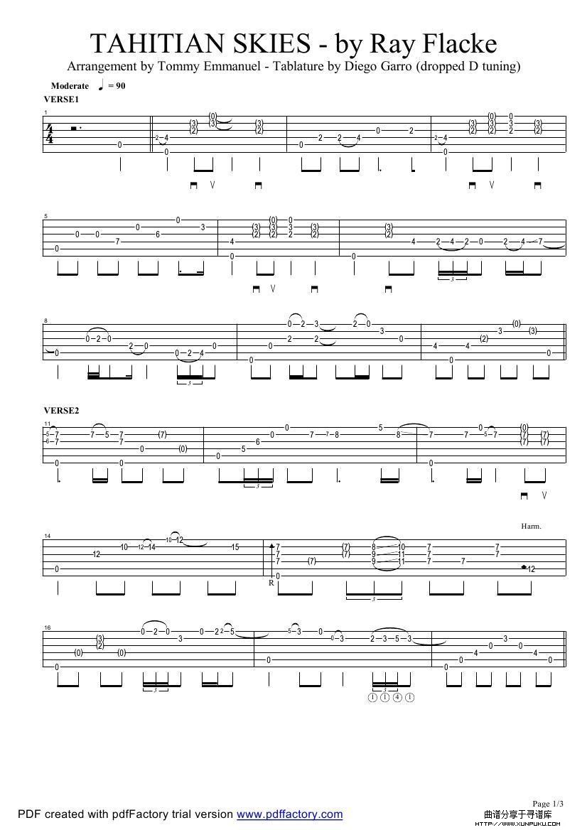tommy emmanuel：tahitian skies（指弹吉它）吉他谱第1页