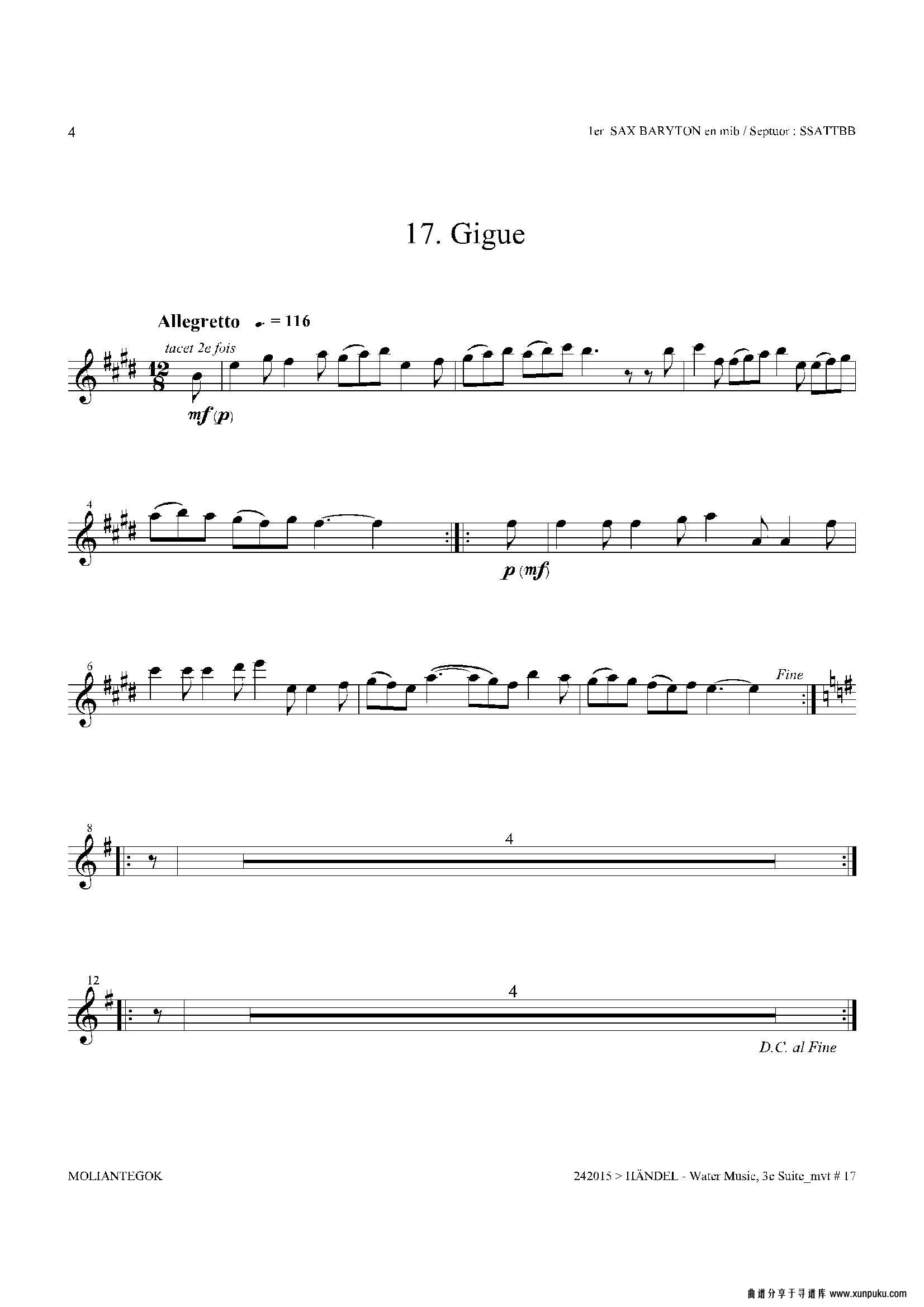 water music（hwv.350 no.3）（第一上低音萨克斯）萨克斯谱第4页
