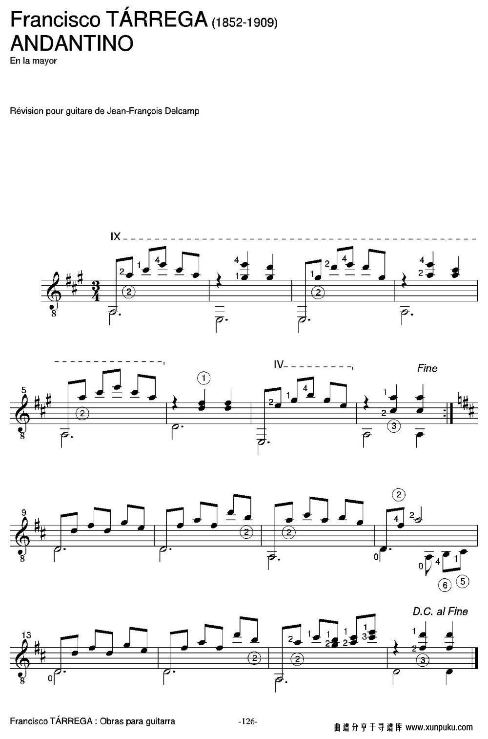 andantino(en la mayor)（古典吉他）简谱