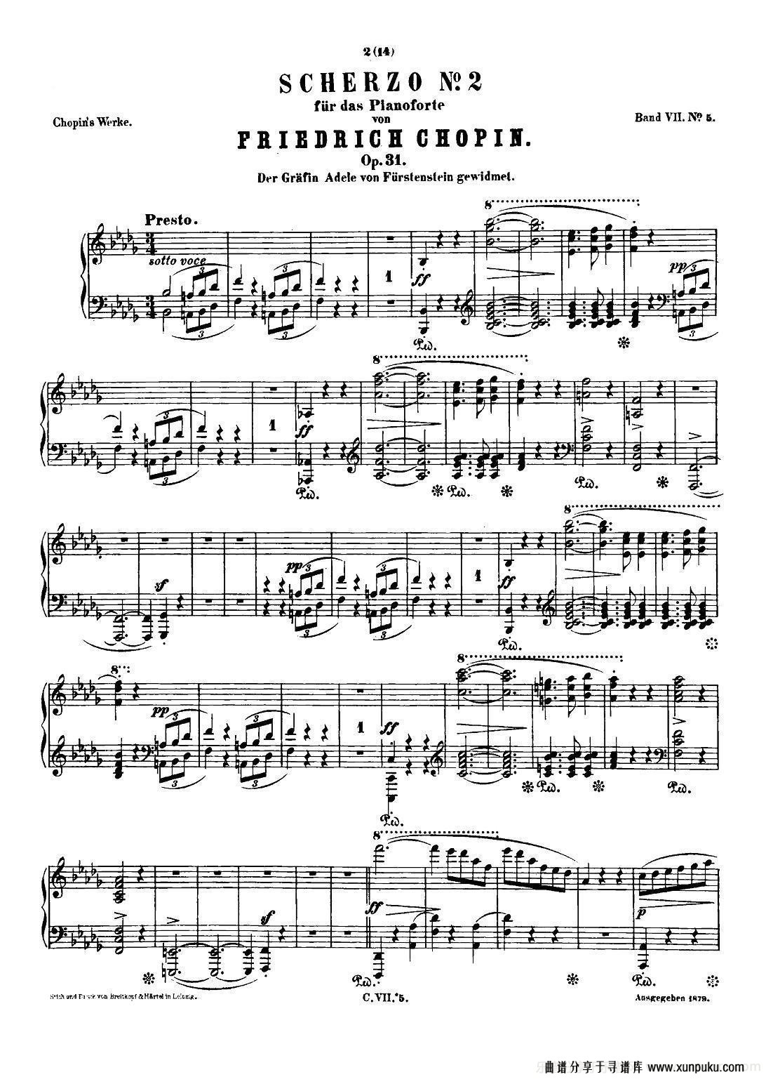 肖邦 钢琴谐谑曲 chopin scherzo（no.2 降b小调，op.31）钢琴谱第1页