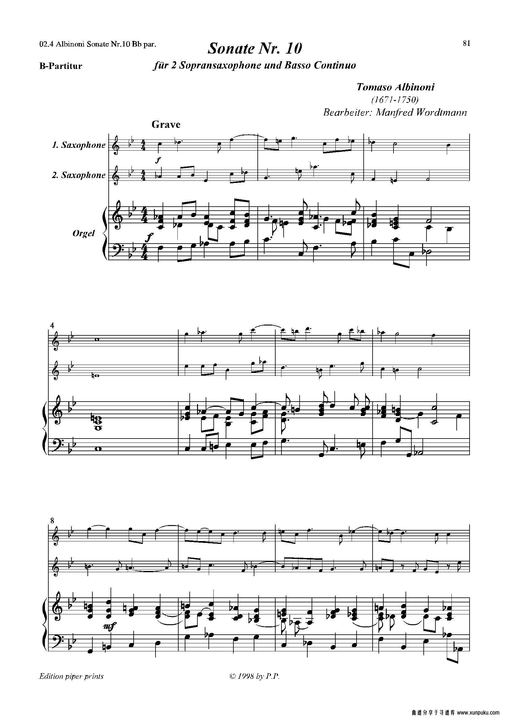 sonate nr.10（次中音萨克斯二重奏+管风琴）萨克斯谱第1页