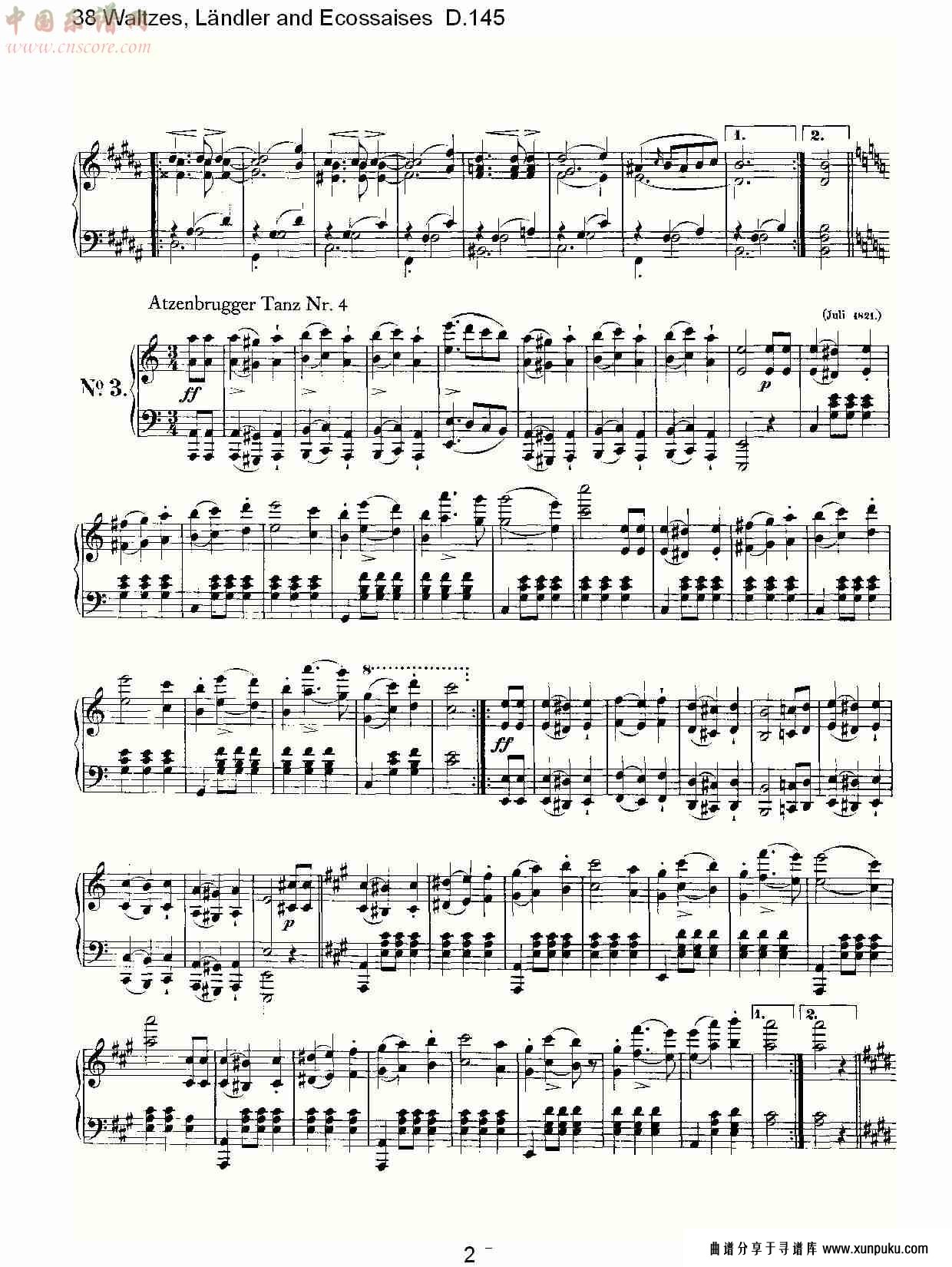 38华尔兹舞曲, ländler and ecossaises d.145（一）总谱第2页