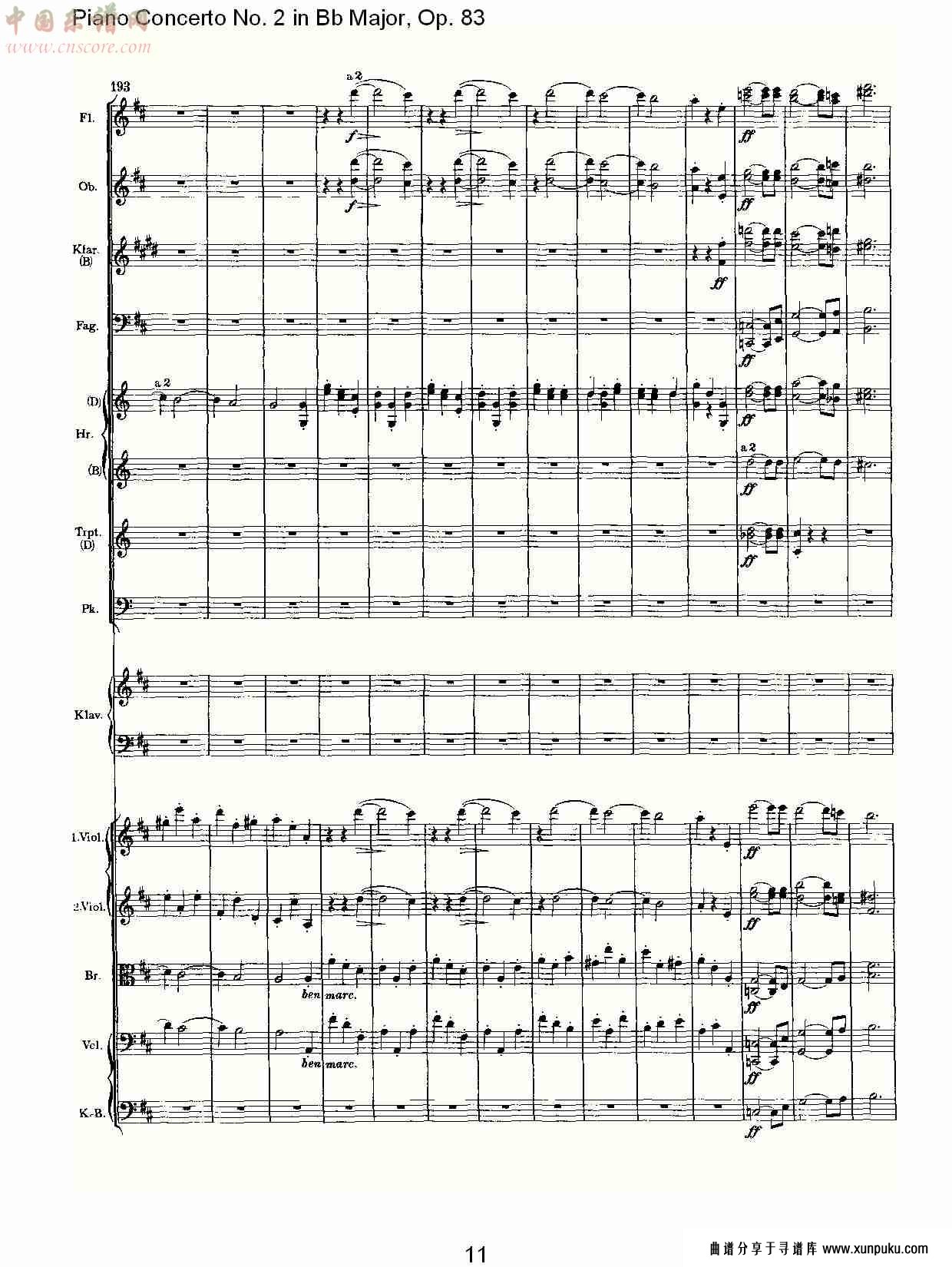 bb大调钢琴第二协奏曲, op.83第二乐章（三）总谱第1页