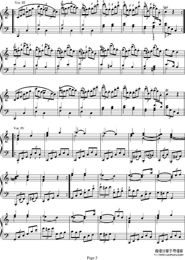 小星星变奏曲K.265(有指法)-莫扎特钢琴谱第3页