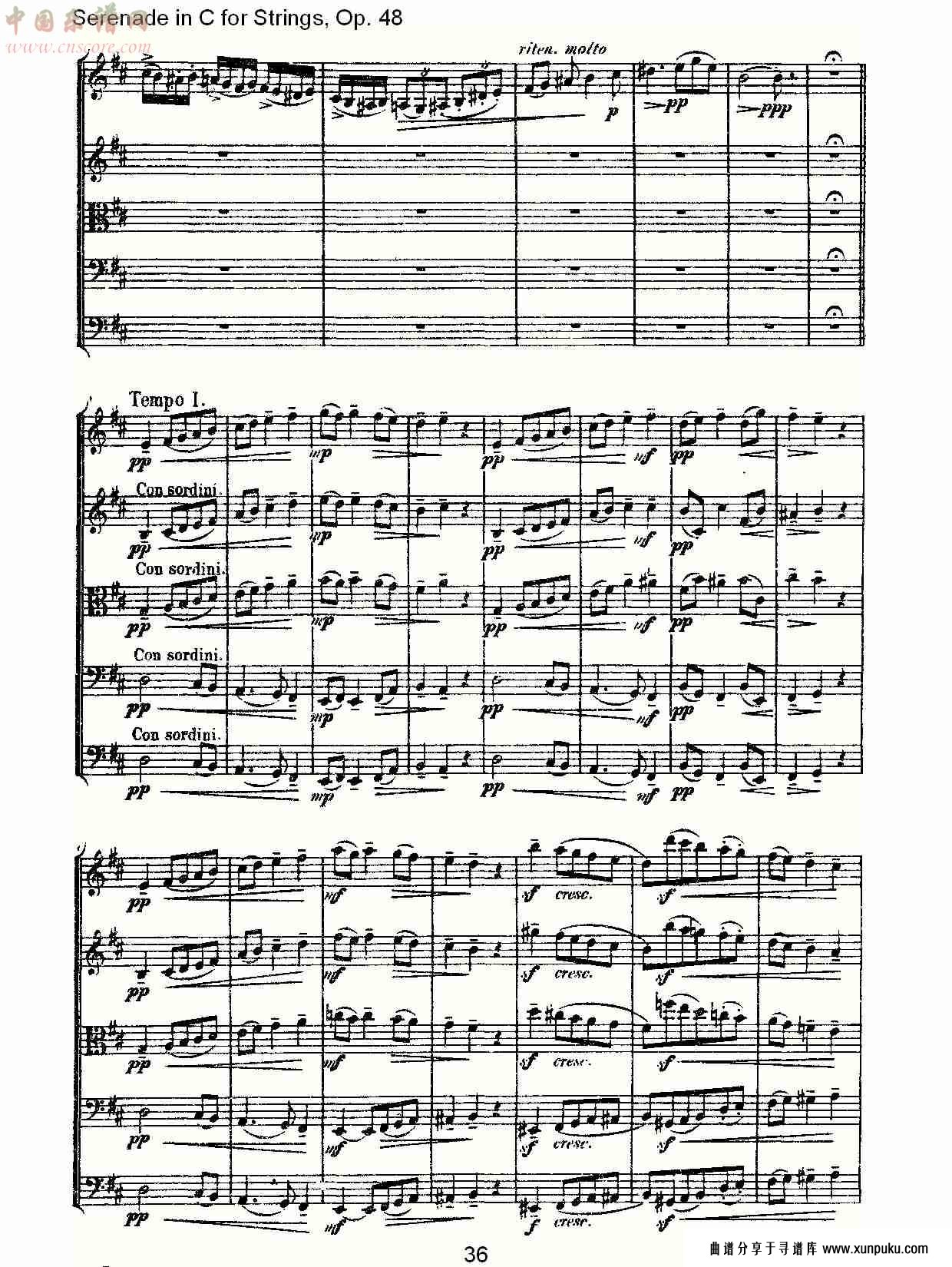 serenade in c for strings, op.48  c调弦乐小夜曲，op.48（八）总谱第1页