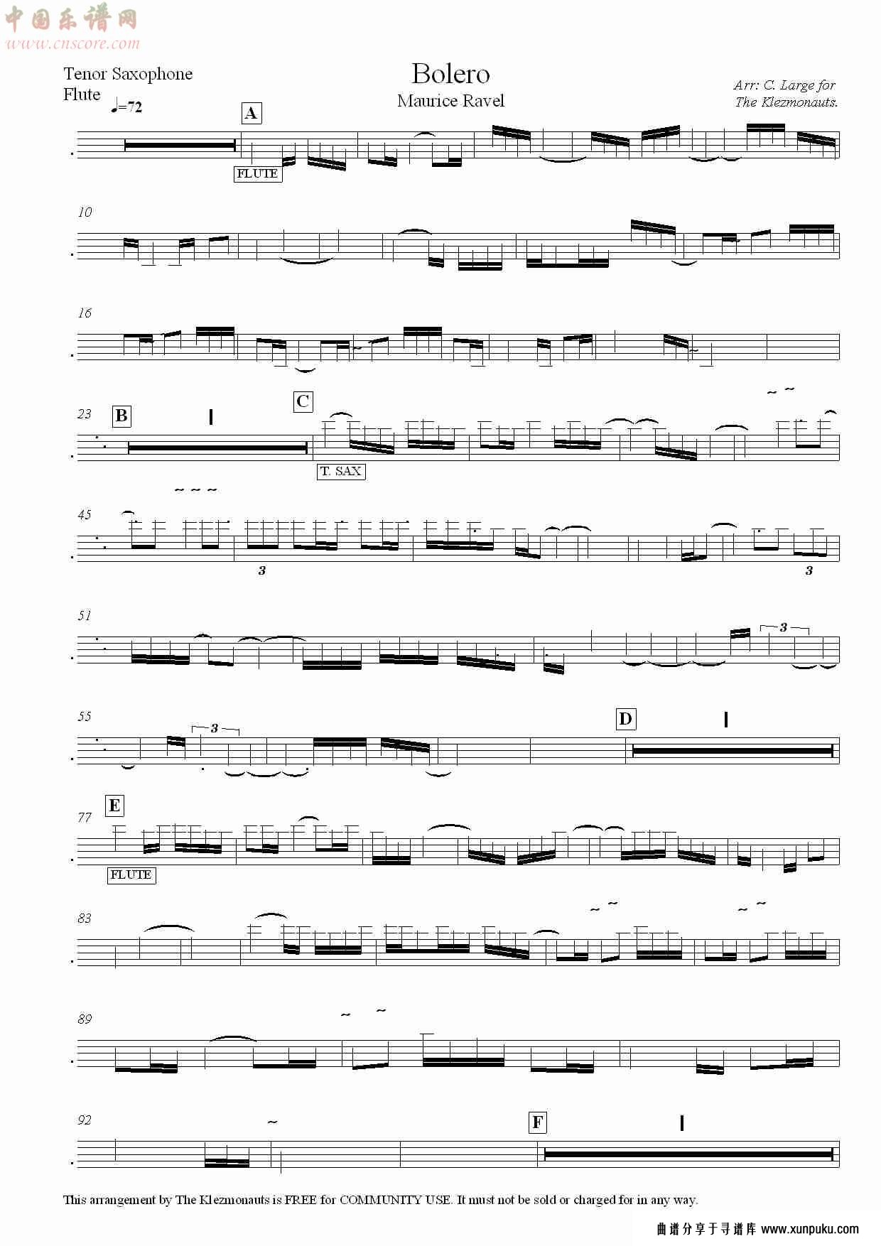 波莱罗舞曲 -(【法】拉威尔) 次中萨克斯管与长笛分谱总谱第1页