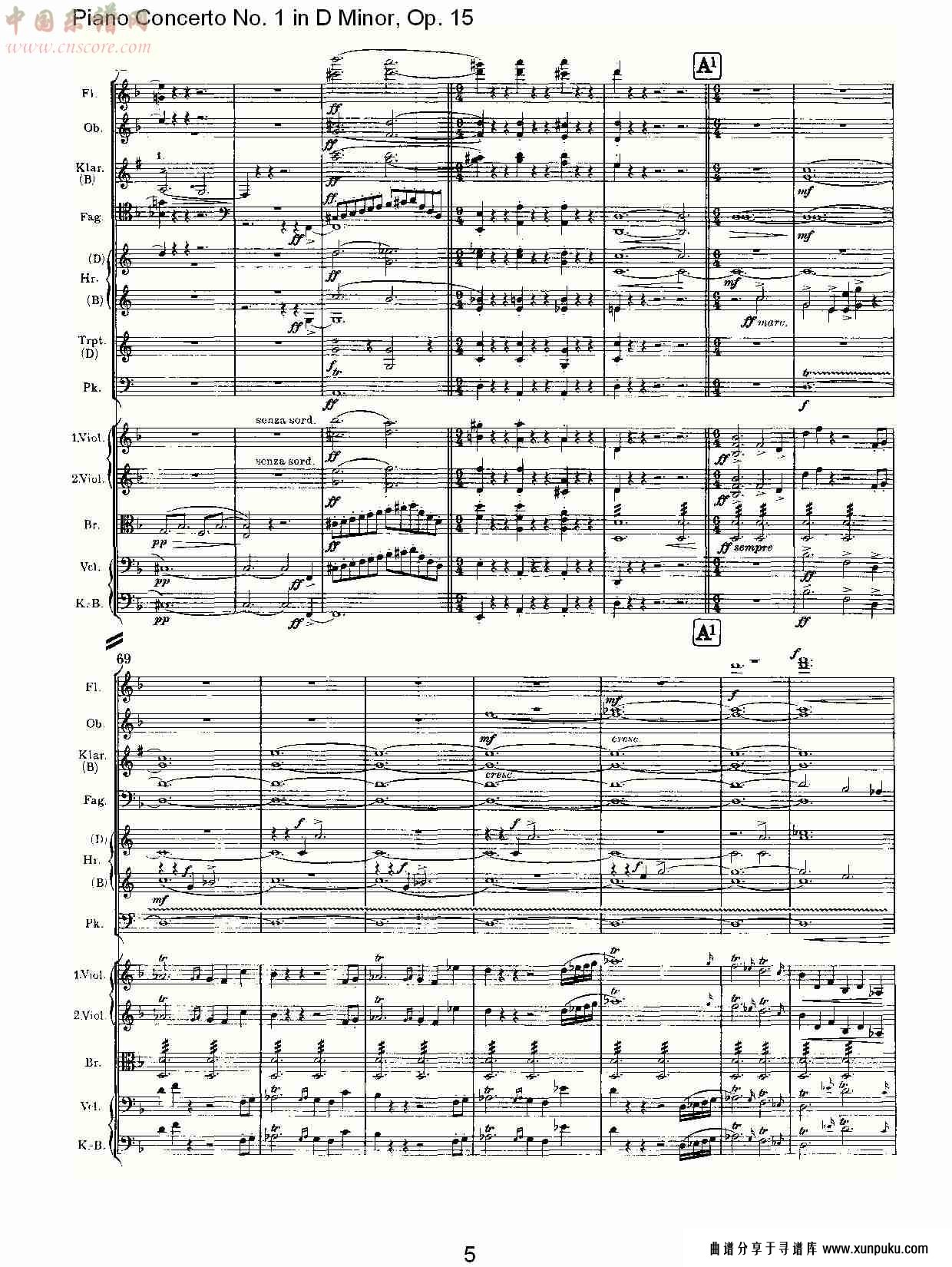 d小调钢琴第一协奏曲, op.15第一乐章（一）总谱第5页